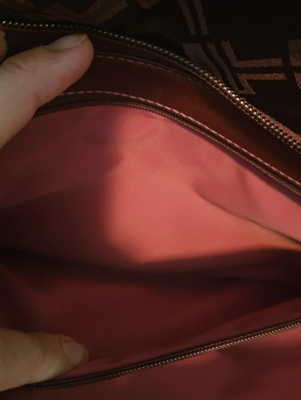 Tumi Signature Monogram laptop tablet tote bag maroon pink lining